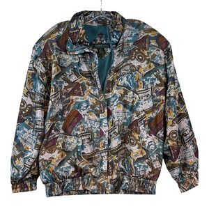 Diana‎ D'Or Vintage 100% Silk Bomber Jacket Greek Pottery Print Teal Gold Small